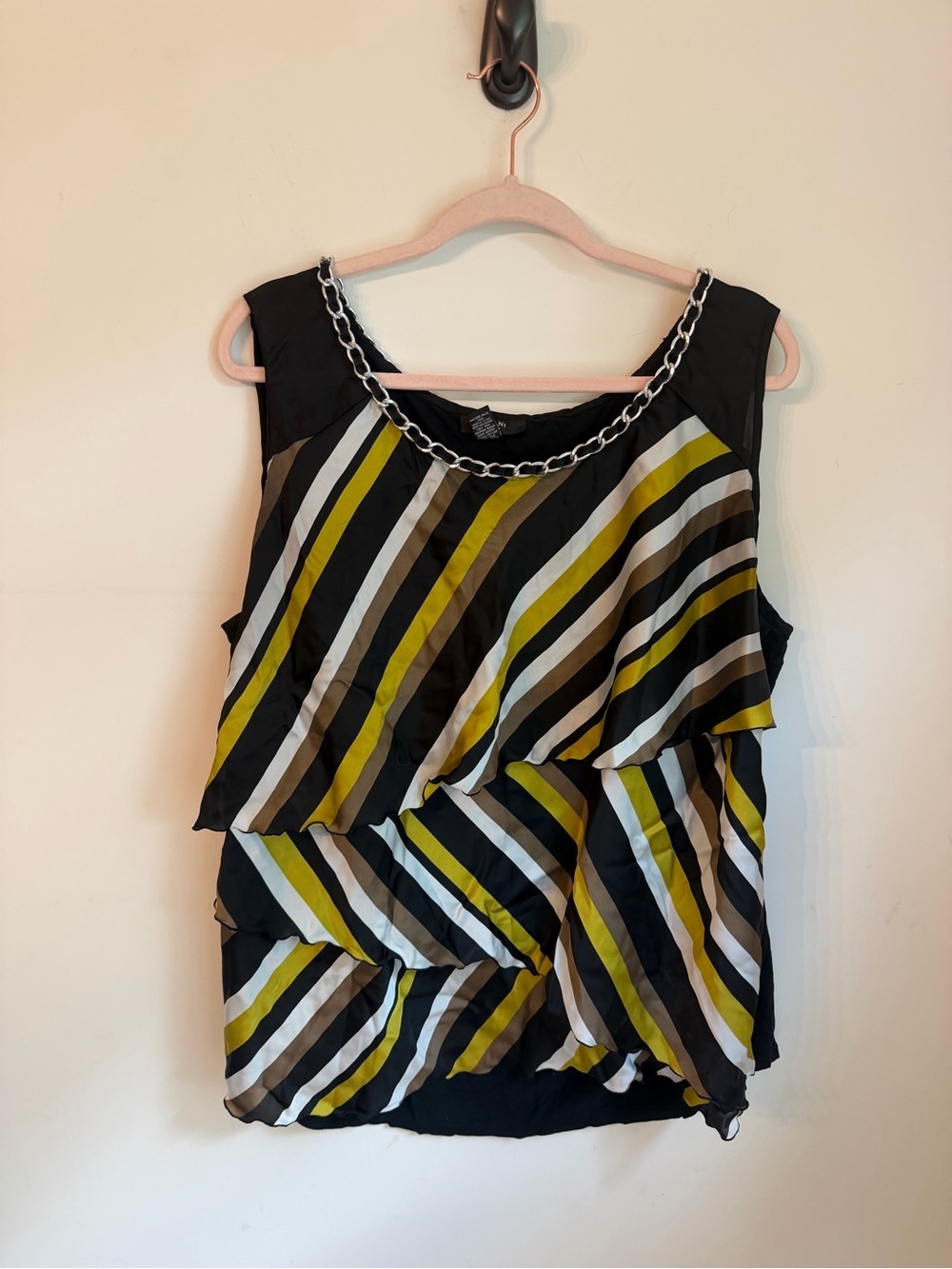 Striped Layered Sleeveless Blouse with Chain Trim - Black/Olive